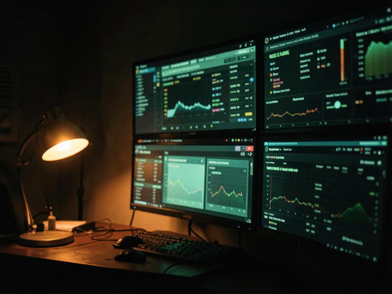 A dim media-buying war room with a wall of glowing performance dashboards